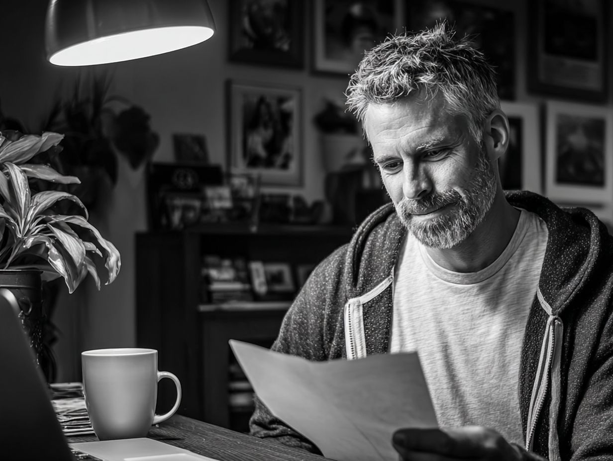 A founder at a kitchen table at night, reading a letter beside a laptop and a mug.