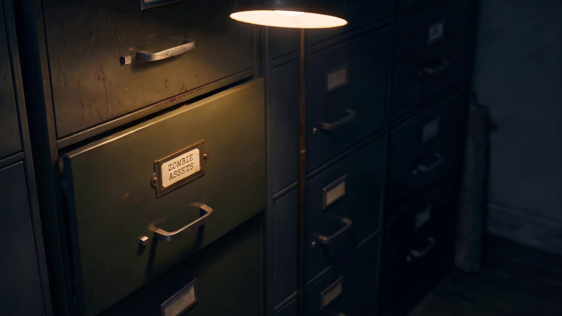 Filing drawer closing on a label that reads ZOMBIE ASSETS, then DivestMe's sale-documented screen.